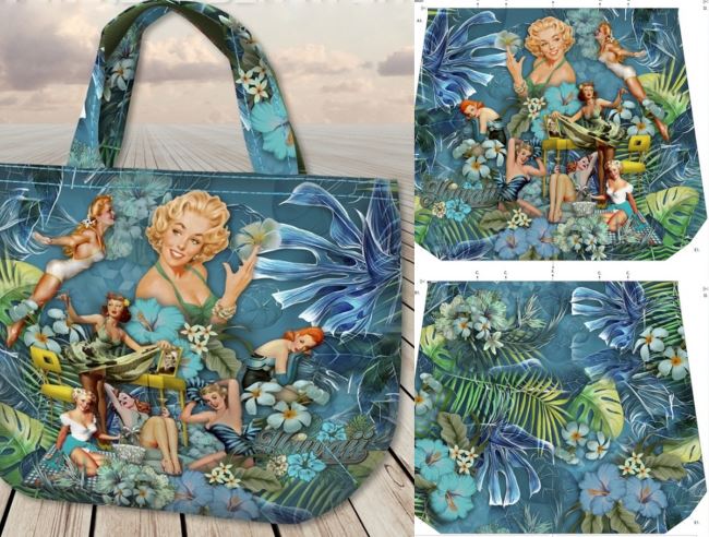 Panel for 2 bags with digital print of tropical leaves and models ST21038