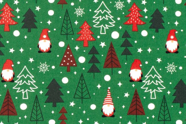 Christmas green cotton fabric with elf and tree print 22737/025