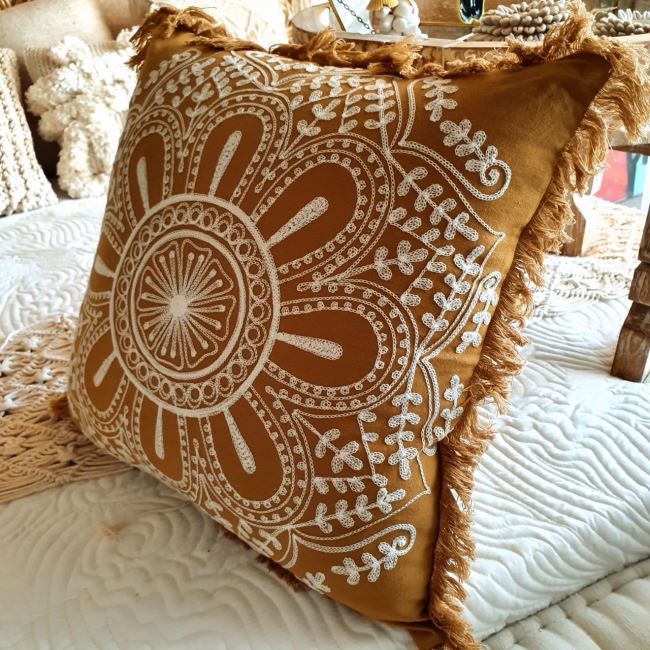 Cushion cover from Bali in ocher color with black embroidery size 50x50 cm BALI15