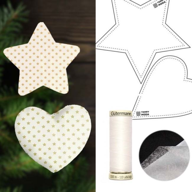 Sewing set of four Christmas ornaments in cream color with star print VAP08
