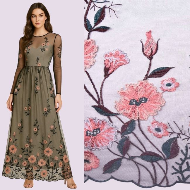 Tulle in black with embroidered flower pattern MOR178