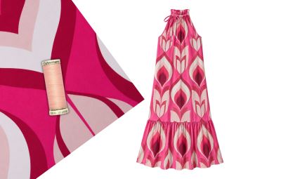 Dress sewing set with ties made of viscose fabric with pink print SET103