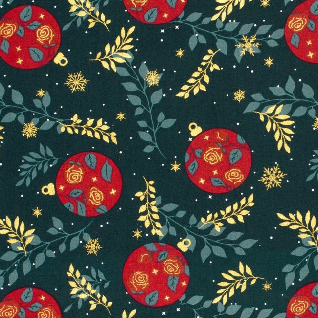 Christmas cotton fabric in dark green with ornament print 22731/028