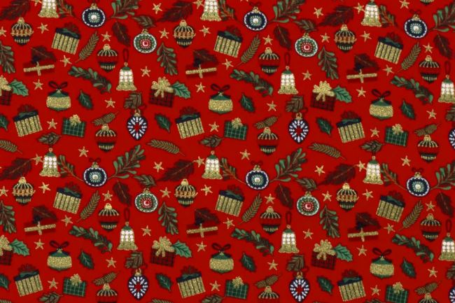 Christmas fabric made of cotton in red with a print of gifts and ornaments 20729/015