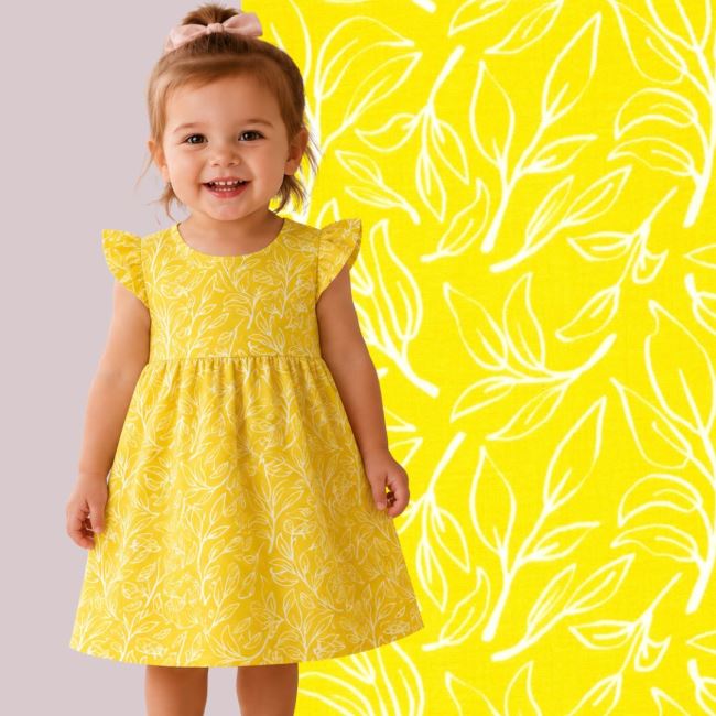 Muslin in bright yellow with leaf print 25269/033