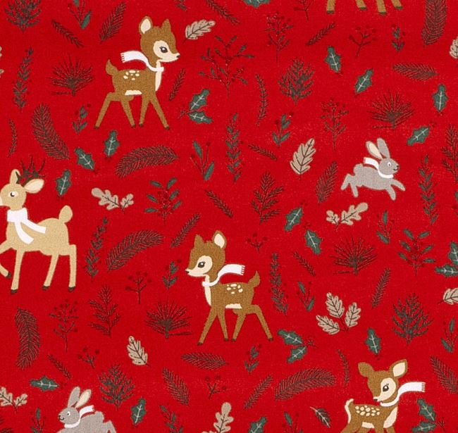 Christmas cotton fabric in red with a print of animals and twigs 20735/015