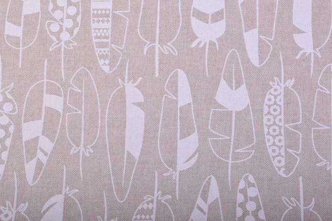 Decorative fabric in beige color with a print of white feathers 1278/051