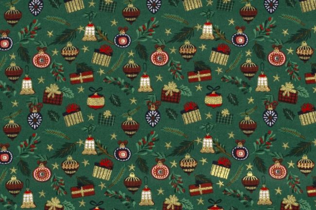 Christmas fabric made of cotton in green color with a print of gifts and ornaments 20729/0