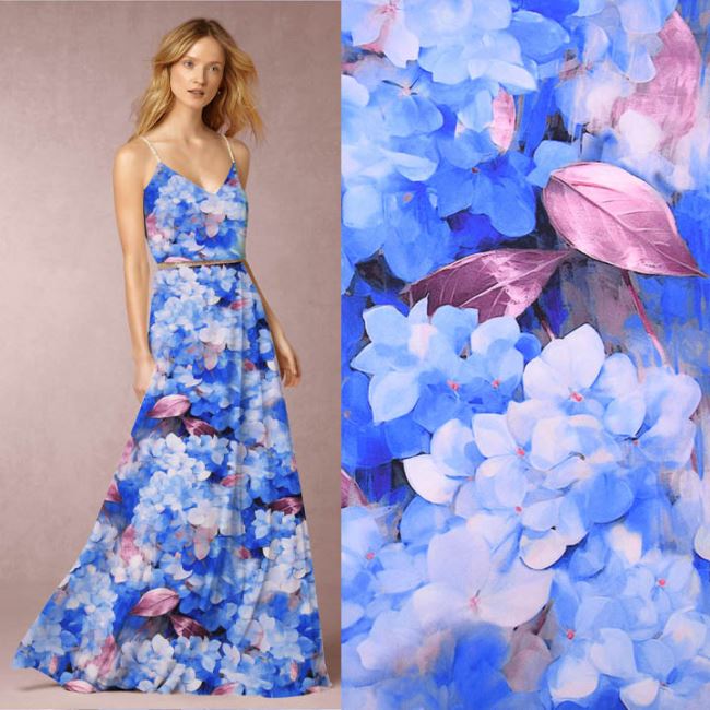 Artificial silk Silky in blue color with hydrangea flowers digital print CS13107C