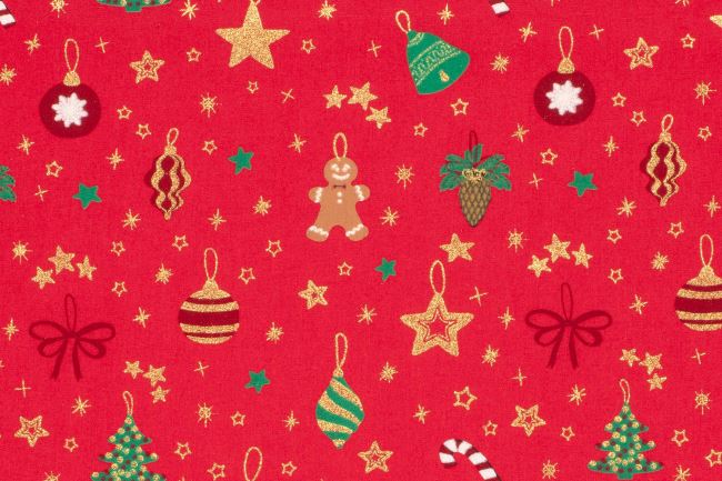 Christmas cotton fabric in red with a print of ornaments and stars 22706/015