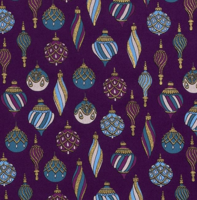 Christmas fabric made of cotton in purple color with a print of Christmas ornaments 18713/024