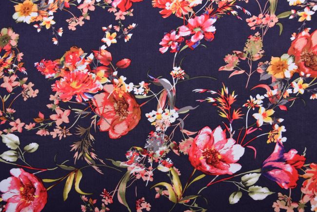 Viscose fabric in dark blue color with flower print 20160/008