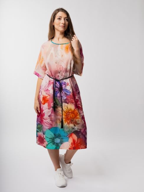 Summer loose dress in pink color with flower print SAT20