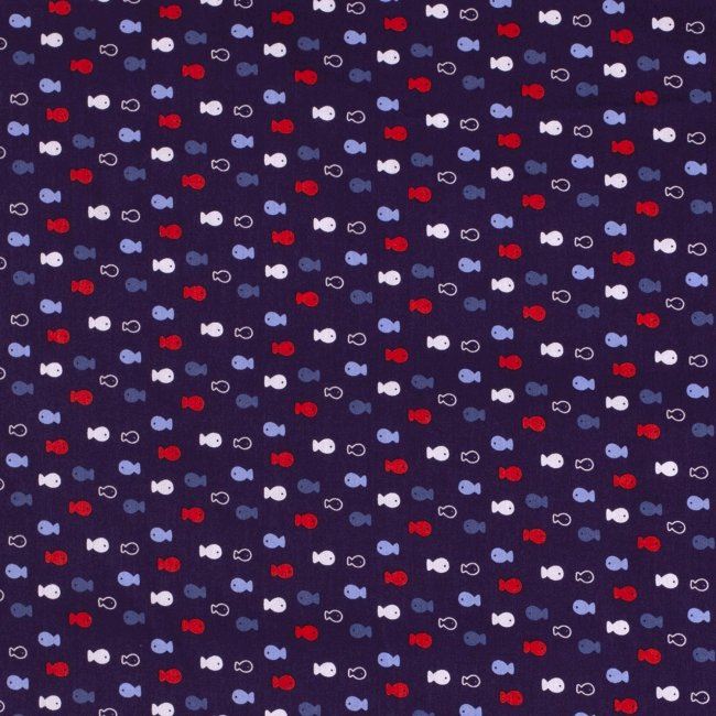 Cotton fabric in dark purple color with colorful fish print 13094/045