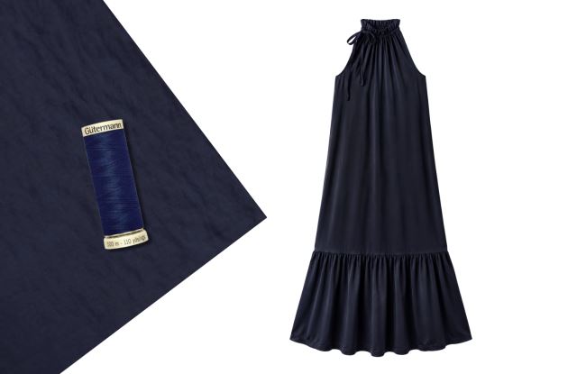 Dress sewing set with ties made of artificial silk Silky in dark blue color SET93