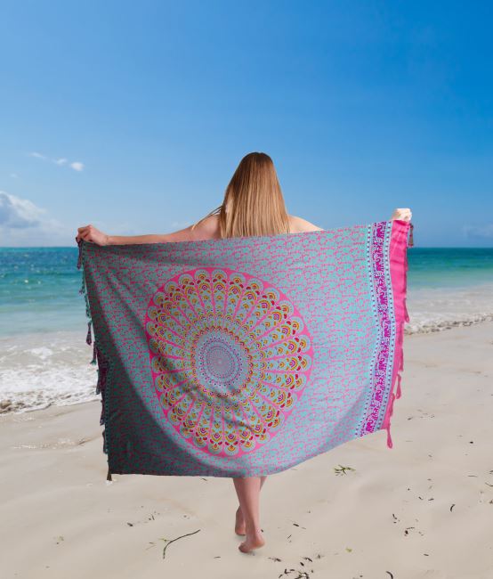 Pareo/sarong from Bali with coconut clasp in pink with flower and mandala print BALI81