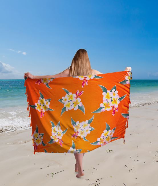 Pareo/sarong from Bali with coconut buckle in orange color with flower print BALI64