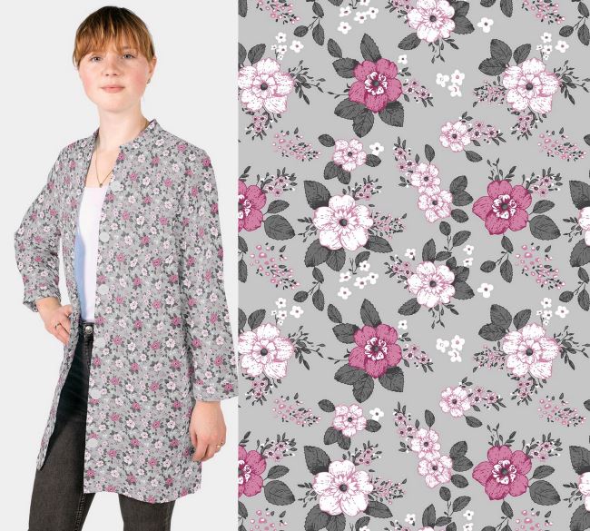 Poplin in gray color with a print of pink flowers 19418/061