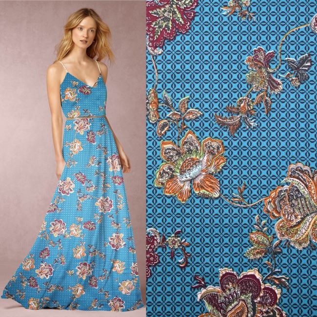 Viscose fabric in kerosene color with a print of ornaments and flowers TI621