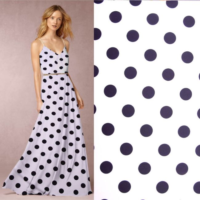 Silky artificial silk in white color with black polka dots print CS13205A
