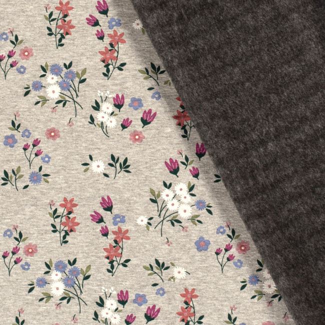 Alpenfleece in light gray color with flower print 20484/061