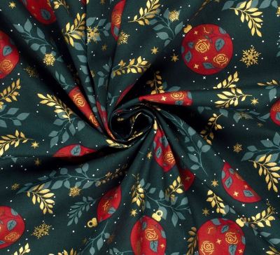 Christmas cotton fabric in dark green with ornament print 22731/028 (3)