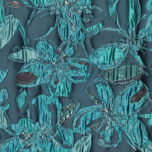 Social jacquard fabric in petrol color with plastic flower pattern 23189/670
