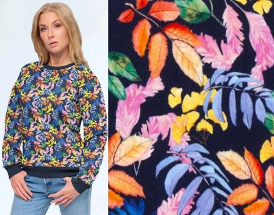 Combed tracksuit in blue color with digital print of colored leaves 19365/008