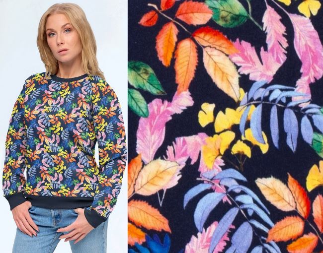 Combed tracksuit in blue color with digital print of colored leaves 19365/008