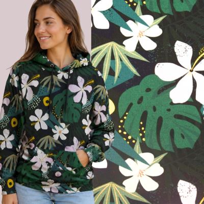 French Terry sweatshirt in black with tropical leaves and flowers print 22407/028