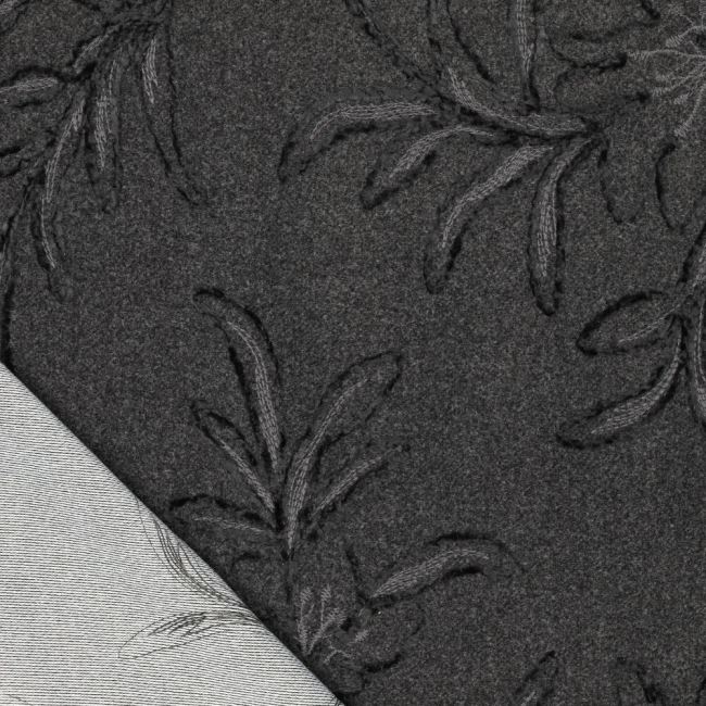 Luxurious coat fabric in gray with embroidered flowers 23212/980