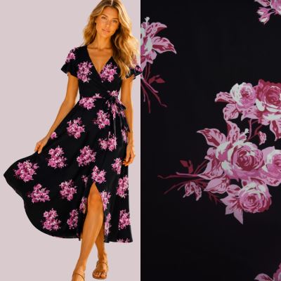 Viscose fabric in black with flower print TU20436 Viscose fabric in black with flower print TU20436
