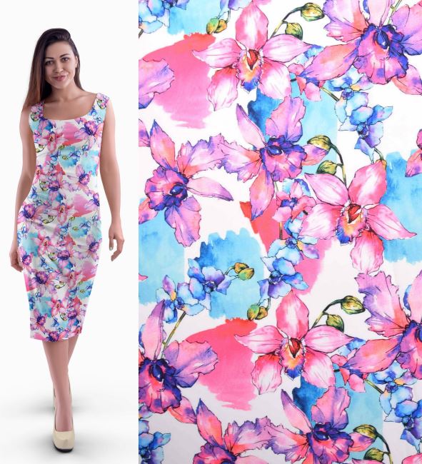 Barbie elastic costume fabric in white with digital flower print CSA013