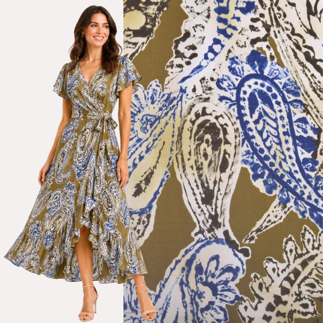 Viscose fabric with shine in khaki color with decorative print MOR4131