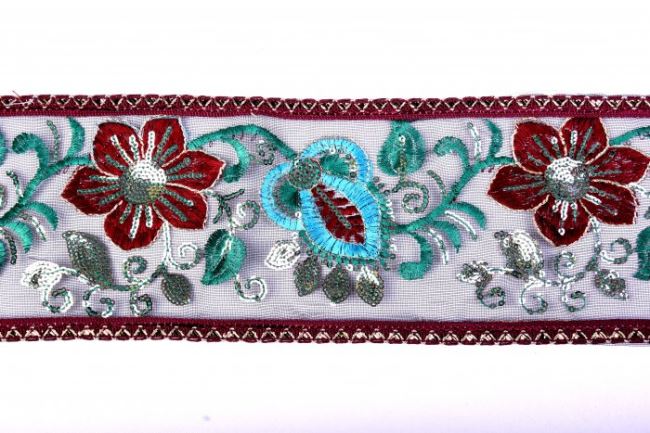 Decorative ribbon with embroidered flowers and sequins 11 cm wide 8824673