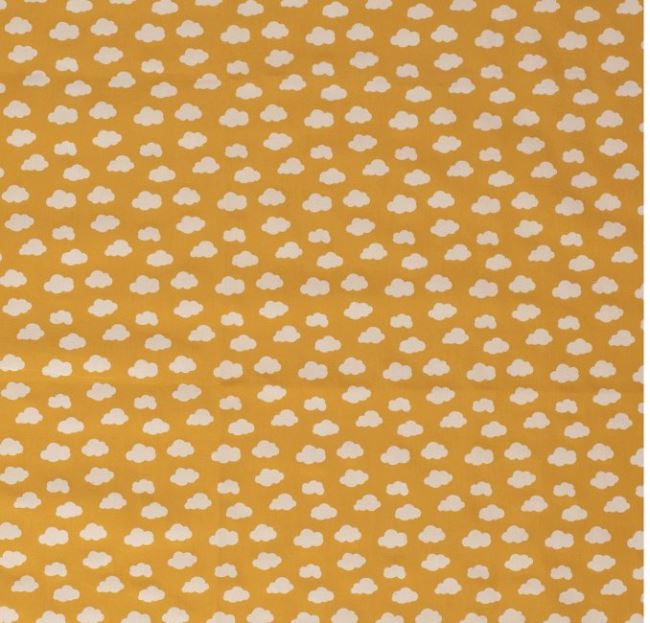 Cotton fabric in dark yellow color with a print of white clouds 13066/034