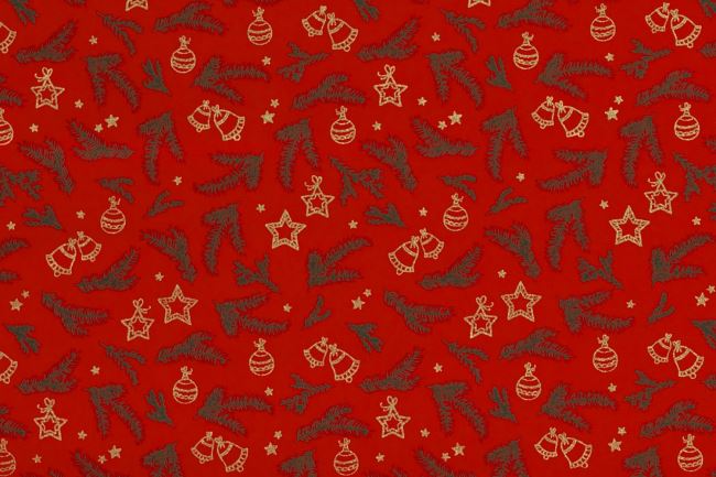 Christmas fabric made of cotton in red with a print of twigs and ornaments 20717/015