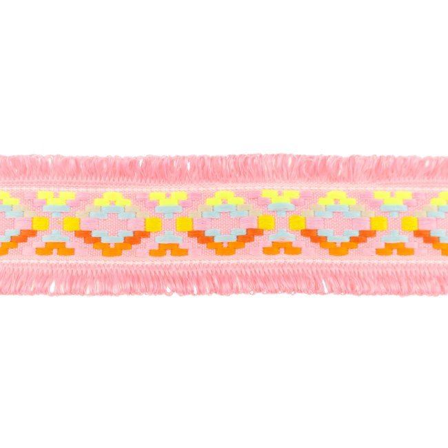 Strap in bright pink color with fringes and embroidered pattern 32481