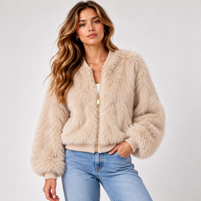 Short fur jacket in beige color ITA-BU07
