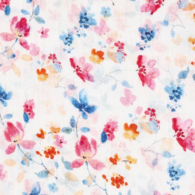 White muslin with a digital print of scattered small flowers 20912/087