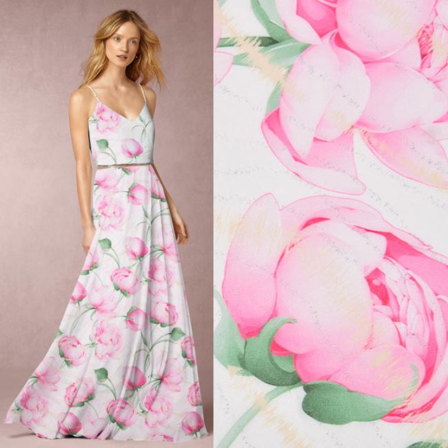 Silky artificial silk in white color with digital flower print Z028