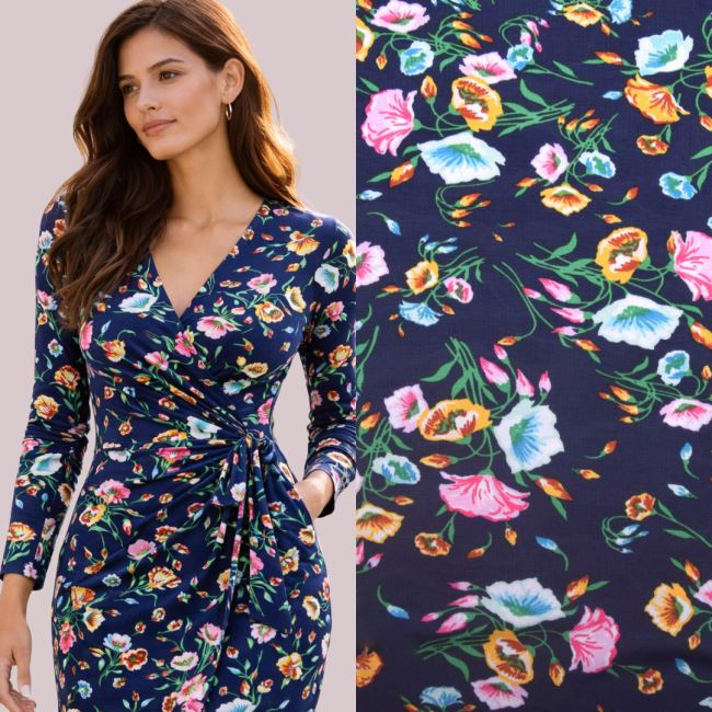 Stretch knit in dark blue with flower print TF556