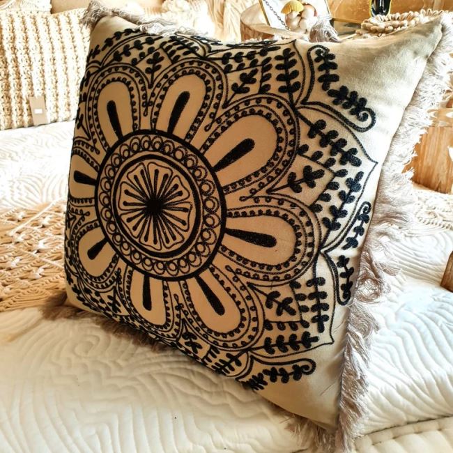 Cushion cover from Bali in dark beige color with black embroidery size 50x50 cm BALI16