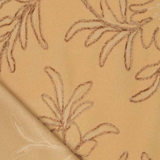 Luxurious coat fabric in caramel color with embroidered flowers 23212/090
