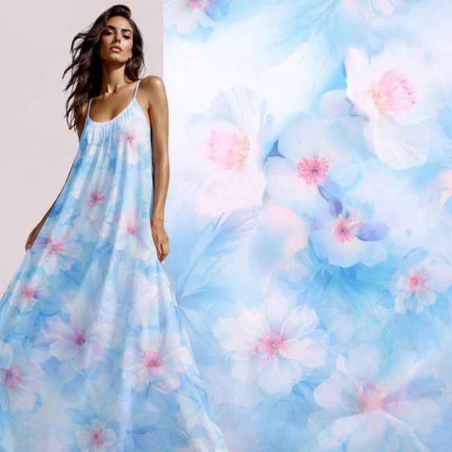 Silky artificial silk with digital print of blue flowers SMT-SD1638C