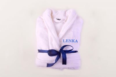 Velour terry bathrobe CANNES in white with blue block lettering embroidery, size L NEU038 Velour terry bathrobe CANNES in white with blue block lettering embroidery, size L NEU038