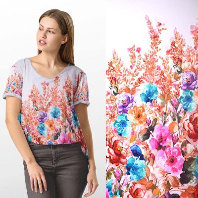 Cream-colored viscose knit with digital print of flowers and stripes MI57003/0021 Cream-colored viscose knit with digital print of flowers and stripes MI57003/0021