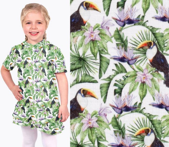 White muslin with digital print of tropical flowers and birds 21534/050