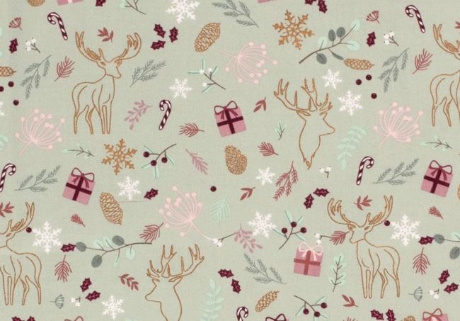Christmas cotton fabric in mint color with deer print with gifts 18723/021