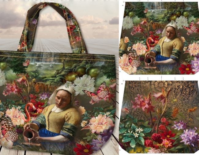 Panel for 2 bags with a digital print of the painting of the painter Jan Vermeer and flowers ST21035